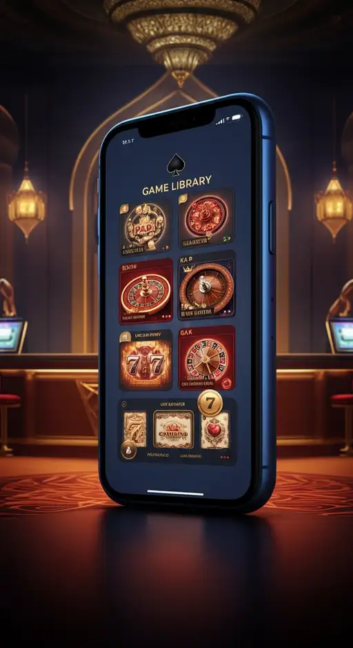 Interface mobile de Casino Prince Ali affichant une sélection de jeux optimisés, avec des machines à sous, jeux de table et sections de casino en direct clairement visibles sur un smartphone.